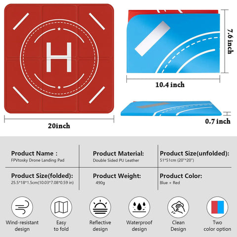 Nighttime Reflective Drone Landing Pad diagram with dimensions showing red and blue design, 20-inch unfolded size, waterproof material.