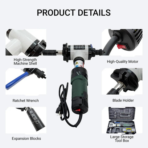 Heavy Duty Electric Pipe Beveling Machine Handheld Internal Expanding Tube Prep Tool With Knockout Power For 40 To 120 Mm ID, showcasing parts like motor and tool box.