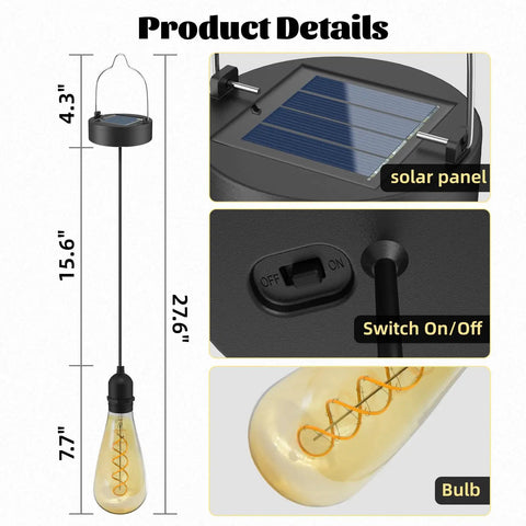 Product details of Two Pack Hanging Solar Lights With Glass Edison Bulbs Solar Powered Lanterns Outdoor Waterproof LED Garden Decor For Patio Yard And Tree Cozy Candlelight Ambience For Parties And Relaxed Evenings, showing dimensions, solar panel, on/off switch, and bulb design.