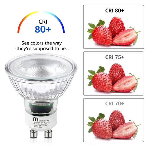 Dimmable GU10 LED Light Bulbs 4.5W 2700K Soft White, 50W Halogen Equivalent, 400lm, Energy Saver, CRI 80+, color accuracy comparison