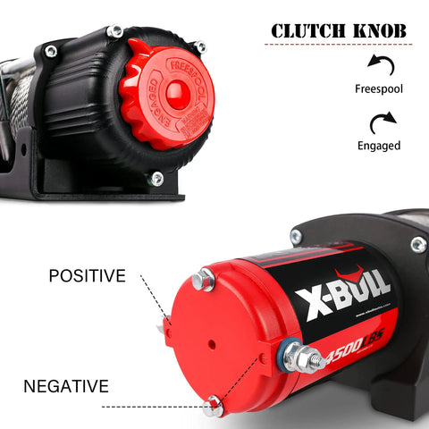 Close-up of 4500 Lbs Electric Winch clutch knob and terminals for ATV UTV recovery with free spool and engage options.