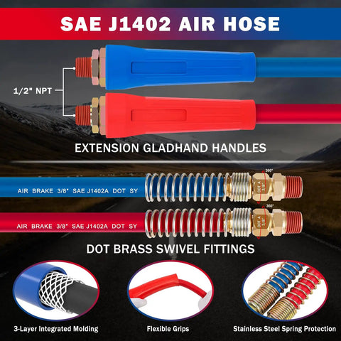 Heavy Duty Semi Truck Air Lines Kit With 12 Ft Red And Blue 3 In 1 ABS Power Line Air Hoses, Double Tender Spring Kit, Stainless Steel Clamps