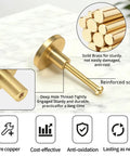 4 Pack Gold Solid Cabinet Pulls Round Knobs Brushed Brass Dresser Handles For Cabinets And Drawers Easy Install 0.78 x 1.18 Inch Fingerprint Resistant Finish Durable Kitchen Cupboard Hardware features solid brass knob with reinforced screw and deep hole thread design shown on marble background.