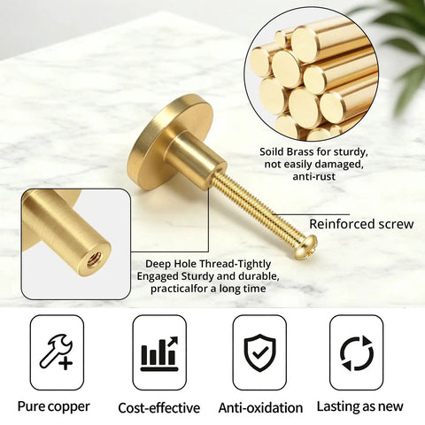 4 Pack Gold Solid Cabinet Pulls Round Knobs Brushed Brass Dresser Handles For Cabinets And Drawers Easy Install 0.78 x 1.18 Inch Fingerprint Resistant Finish Durable Kitchen Cupboard Hardware features solid brass knob with reinforced screw and deep hole thread design shown on marble background.