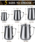 Five stainless steel milk frothing pitchers, including a 20oz Stainless Steel Milk Frothing Pitcher With Latte Art Pen For Home Espresso Machines And Coffee Bars, Perfect For Frothing And Steaming Milk, Pouring Latte Art, Durable Barista Tools, showing size options from 12oz to 66oz with handles and spouts.