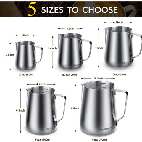 Five sizes of 32oz Milk Frothing Pitcher With Latte Art Pen For Espresso Machines And Coffee Bar Stainless Steel Milk Jug Steamer Frother Cup displayed.