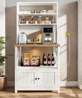 White Baker Rack With Built In Power Outlet And Storage Farmhouse Microwave Stand With Door Five Tier Tall Coffee Bar Station Cabinet