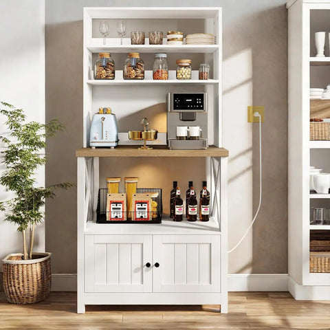 White Baker Rack With Built In Power Outlet And Storage Farmhouse Microwave Stand With Door Five Tier Tall Coffee Bar Station Cabinet