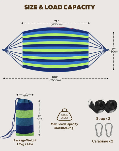 Cotton Hammock Portable Hanging Bed With Tree Straps Easy Setup Indoor Outdoor 550 Pound Capacity Dope Comfort dimensions