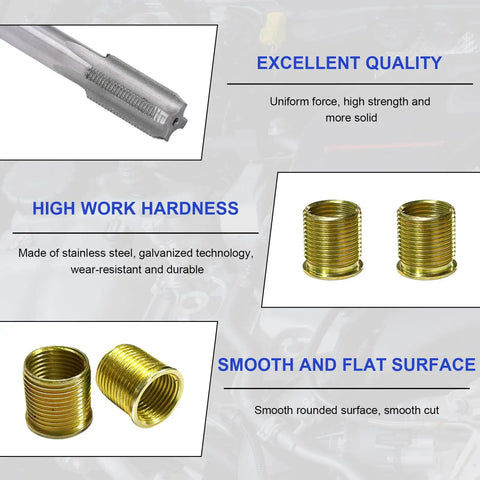 Close-up of 11 Piece Spark Plug Thread Repair Kit With M14x1.25 And M16x1.25 Inserts Stainless Steel Rethread Tool Set components