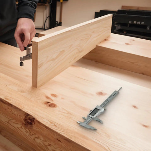 Digital Vernier Caliper 0-150mm Stainless Steel LCD(With battery) displayed on a wooden workbench with a hand adjusting a clamp.