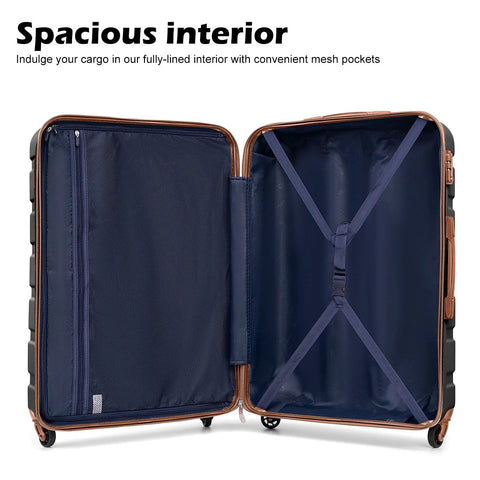 Open interior view of rose-gold hardshell luggage with navy lining, left zip mesh pocket, right cross-straps.