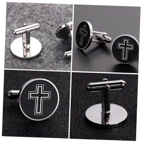 Men's Titanium Steel Cross Cufflinks Black Metal Dress Accessories For Business Formal Wear One Pair Decorative Religious Cross Design