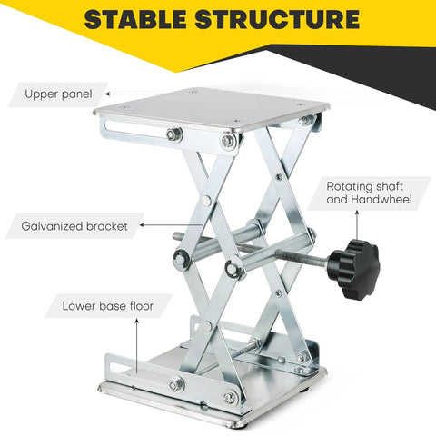 Rock Solid 6X6 Laboratory Lift Table With Easily Cranked Scissor Stand Platform Built Tough Stainless Steel Base showing upper panel and handwheel.