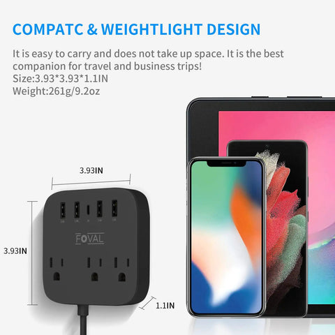 All In One Travel Power Strip With USB C And 4 USB Ports, 3 AC Outlets, EU UK US Plug Adapter, size comparison guide