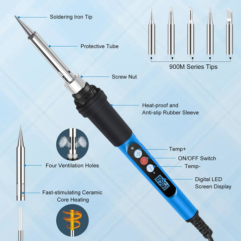 Image of 90W Soldering Iron Kit With Fast Heat Up 110V LCD Digital Soldering Gun Ceramic Heater, showing features and soldering tips.