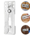 Set Of Six Heavy Duty Iron Sectional Couch Connectors For Modular Sofas With Long Travel Hinge And Antislip Finish close-up view of connector hardware