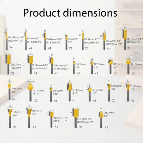 Detailed dimensions of Quarter-Inch Shank Router Bits Set 100-Piece Tungsten Carbide Milling Cutter Kit For Woodworking