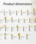 Diagram of 100 Piece Router Bits Set With One Quarter Inch Shank Carbide Bits For Woodworking Pro Level Milling Cutter Kit dimensions