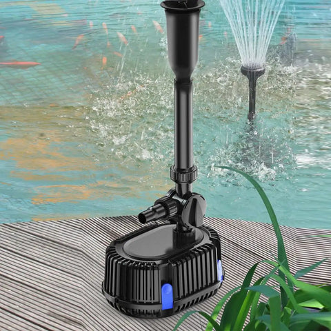 All In One Pond Filter With Pump And Fountain Kit For Outdoor Ponds, Submersible Pond Pump With Three Water Patterns, Koi Pond Filter For Garden Landscape, Keeps Water Clean And Clear, 400 GPH 110V next to pond with fish and fountain spray