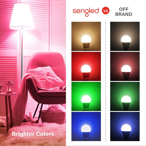 Comparison of color-changing WiFi smart light bulb A19 RGB with off-brand bulbs in pink, red, green, blue settings
