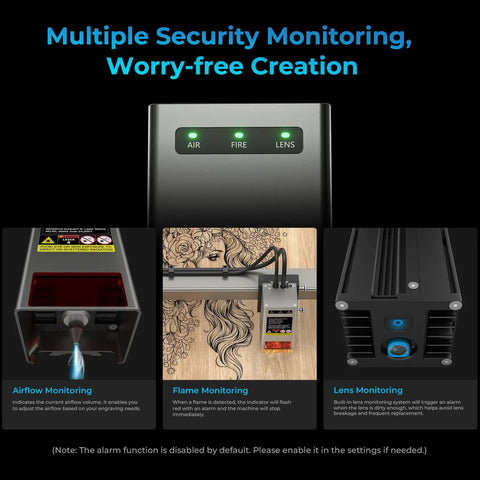 Security monitoring features of Falcon2 Pro S 22W Laser Engraver With Z Axis Auto Focus And Auto Cut Through Fully Integrated Enclosure