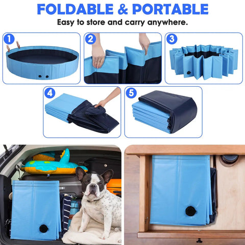 Massive 87 Inch Dog Pool With Sprinkler 2 In 1 Foldable Splash Pad shown folded and portable with storage options.