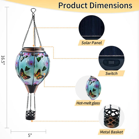 Hot Air Balloon Solar Lantern With Flickering Flame, Glass Hanging Garden Lights, butterfly pattern, product dimensions