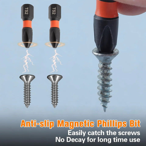 Impact Magnetic Phillips Bit Set, 25 Pc, 1 Inch Bits With One Quarter Inch Hex Shank, S2 Steel, Anti Slip Cross Phillips Drive Bits