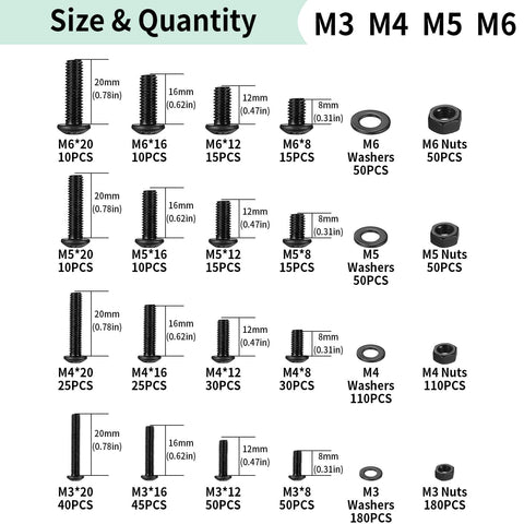 1170 Pcs Metric Bolts And Nuts Set With M3 M4 M5 M6 Hex Socket Button Head Screws Washers And Nuts Kit for sizes and quantities