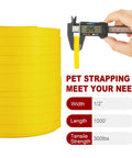 Built Tough For Heavy Lifting No Hassle Polypropylene PP Strapping Half Inch By 1000 Feet showing 1/2 inch width and 300 pound strength.