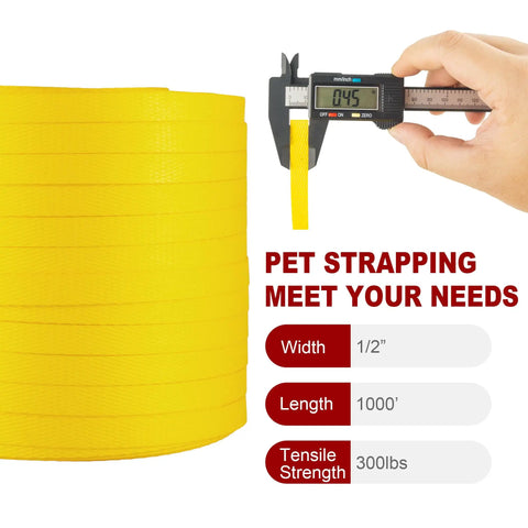 Built Tough For Heavy Lifting No Hassle Polypropylene PP Strapping Half Inch By 1000 Feet showing 1/2 inch width and 300 pound strength.