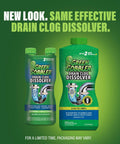 Front view of Green Gobbler Drain Clog Dissolver bottles; a small two-pack bottle and a larger bottle with green packaging.