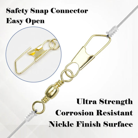 Pro Grade High Strength Barrel Swivel Snap 100 Piece Kit For Lure Connector Tackle Leader Lines Saltwater And Freshwater Angling With Solid Rings In Gold And Black Sizes 2 4 6 8 10 12 14, gold safety snap connector