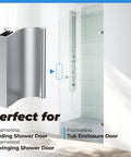 Chrome Glass Sliding Shower Door Pull Handle For 3/16 And 1/4 Inch Thick Glass, Universal Replacement Handle shown next to shower enclosure.
