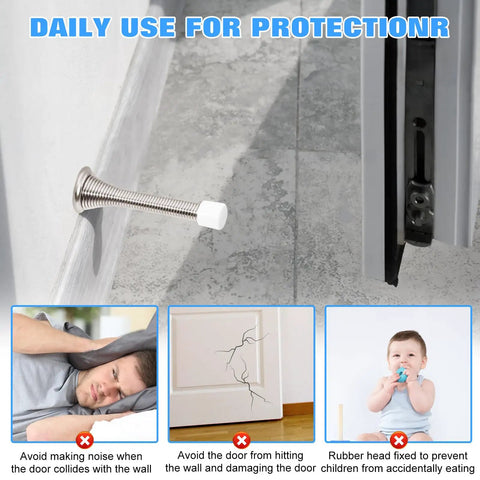 Six Pack 3.2 Inch Spring Door Stopper Heavy Duty Door Stop With Rust Proof Screws And Rubber Bumper Tips installed on wall
