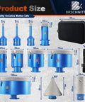 Heavy Duty Diamond Core Drill Bit Set That Runs Cool And Cuts Clean Through Porcelain Tile Ceramic Marble Granite Brick And Concrete Without Any Drama Or Waiting Around, showing sizes and components.