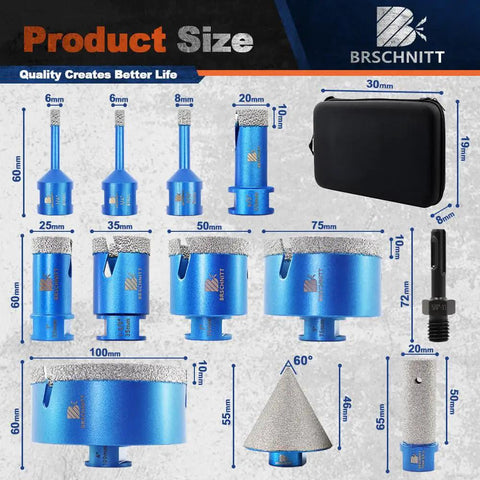 Heavy Duty Diamond Core Drill Bit Set That Runs Cool And Cuts Clean Through Porcelain Tile Ceramic Marble Granite Brick And Concrete Without Any Drama Or Waiting Around, showing sizes and components.
