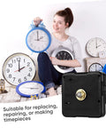 Quartz Clock Movement Replacement Battery Operated DIY Repair Kit showcased with various wall clocks and a smiling person holding a clock.