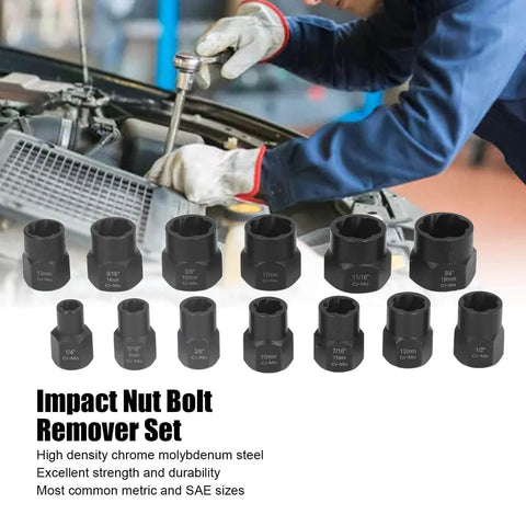 Mechanic using Beefy 13 Piece Impact Nut And Bolt Removal Kit For Rusted Stripped Damaged Fasteners with heavy duty sockets visible