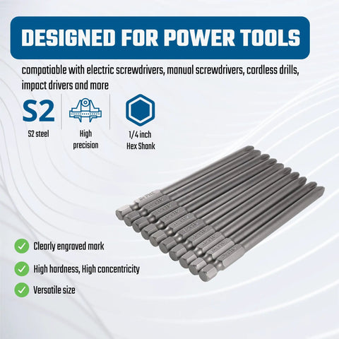 PH2 10 PC Screwdriver Bit Set With 1 Quarter Inch Hex Shank, 4 Inch Length, S2 Alloy Steel Magnetic Tip, Durable Long Lasting Bits For Power Drill, Impact Driver And Cordless Screwdriver