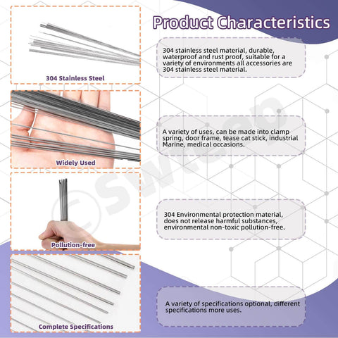 Precision Stainless Steel Rod Set with 104 Pcs in 12 Sizes From 0.3 Mm To 3 Mm 40 Cm Length Ideal for DIY Projects Makers Jewelry Building Prototyping and Metalworking Swpeet showcasing product characteristics and uses including clamps and industrial applications.