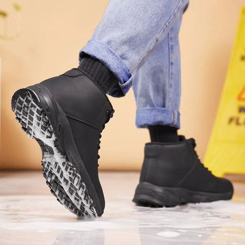 Non Slip Work Boots For Men Slip Resistant Waterproof Kitchen Shoes For Chefs Black Size 11 shown on wet surface
