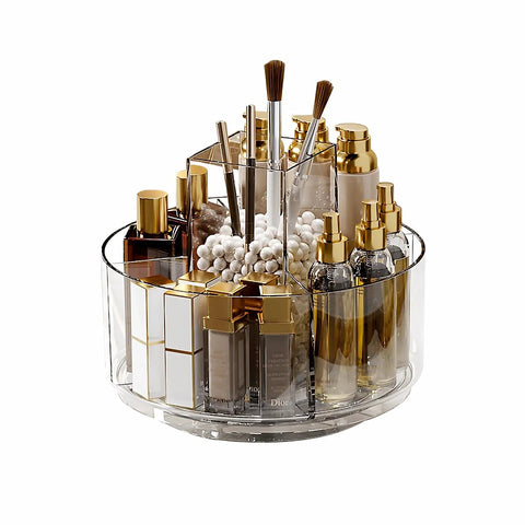 360 Degree Rotating Makeup Organizer With Lazy Susan Turntable, clear acrylic tray holding cosmetics, brushes, and perfume.