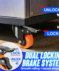 2 Inch Swivel Caster Wheels Set Of 4 Featuring Dual Lock Brakes That Glide Slick Across Hardwood Or Tile Carry Loads Like A Champ At 150 Lbs Each For Home Furniture Shop Carts with orange wheel and locking mechanism.