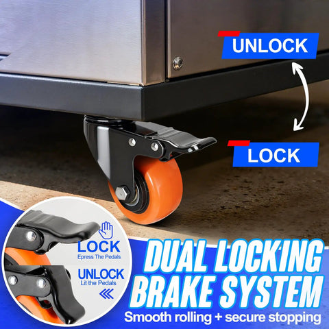 2 Inch Swivel Caster Wheels Set Of 4 Featuring Dual Lock Brakes That Glide Slick Across Hardwood Or Tile Carry Loads Like A Champ At 150 Lbs Each For Home Furniture Shop Carts with orange wheel and locking mechanism.
