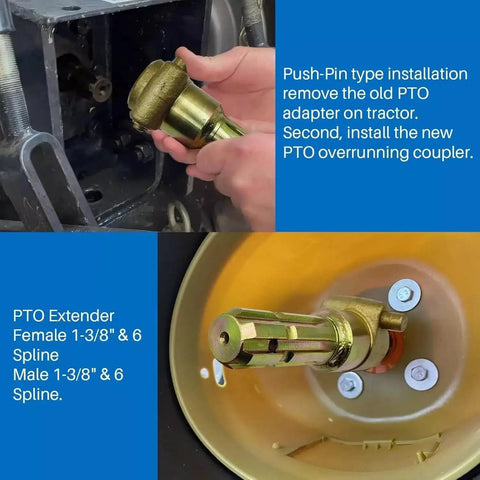 Hand installing Heavy Duty Pto Shaft Extender Adapter One Three Four Inch Six Spline Male To Female on tractor.