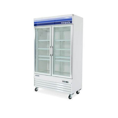 Heavy Duty Commercial Upright Merchandiser Freezer With Digital Temp Readout Eight Coated Wire Shelves Frost Free Auto Cycle Built Tough For Retail Or Restaurant Use In Classic White Finish, showcasing glass doors and shelves.