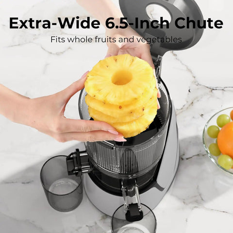 EanOruus 3-in-1 Cold Press Juicer With Huge 6.5 Inch Wide Chute And 100 Oz Tank for whole fruit preparation.