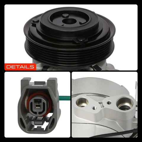 Top Shelf AC Compressor With Clutch Fits Mazda 6 2009-2013 2.5L L4 6 Groove Pulley DKS17DS PAG46 detail view with connector.